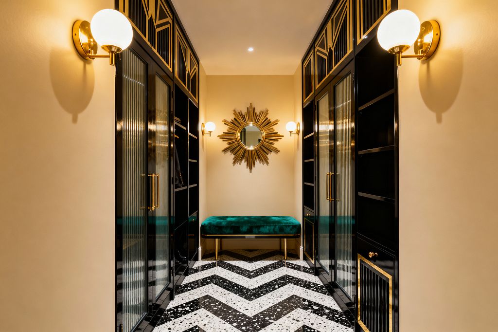 An Art Deco mudroom features symmetrical black lacquer cabinets with reeded glass doors and brass pulls, topped with geometric gold panels, lining both sides of a narrow passage. At the end, an emerald velvet bench on brass legs sits beneath a gold sunburst mirror, flanked by globe brass sconces; warm cream walls and a black-and-white terrazzo chevron floor complete the glamorous, well-lit entry.