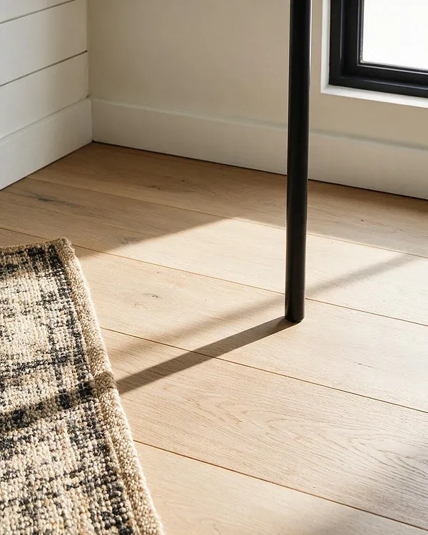 A bright farmhouse interior corner with pale oak plank flooring, white baseboards, and a black metal table or chair leg casting a long shadow across the floor. A woven plaid rug in beige, cream, black, and gray peeks in from the lower left, and sunlight streams through a window with a black frame.