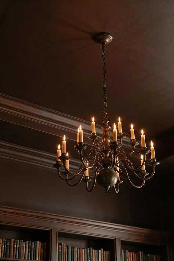 A dark academia interior detail showing an ornate brass chandelier with multiple lit candle-style bulbs hanging from a chain. Below it, the top of built-in bookshelves filled with books is visible against deep brown walls and dark trim.