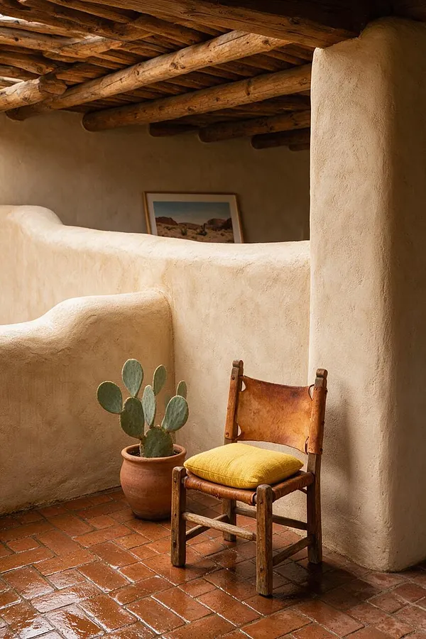 A Southwestern-style covered porch with thick adobe walls, rounded edges, and exposed wooden ceiling beams. A rustic wooden chair with a mustard cushion sits beside a terracotta pot holding a prickly pear cactus on reddish clay tile flooring.