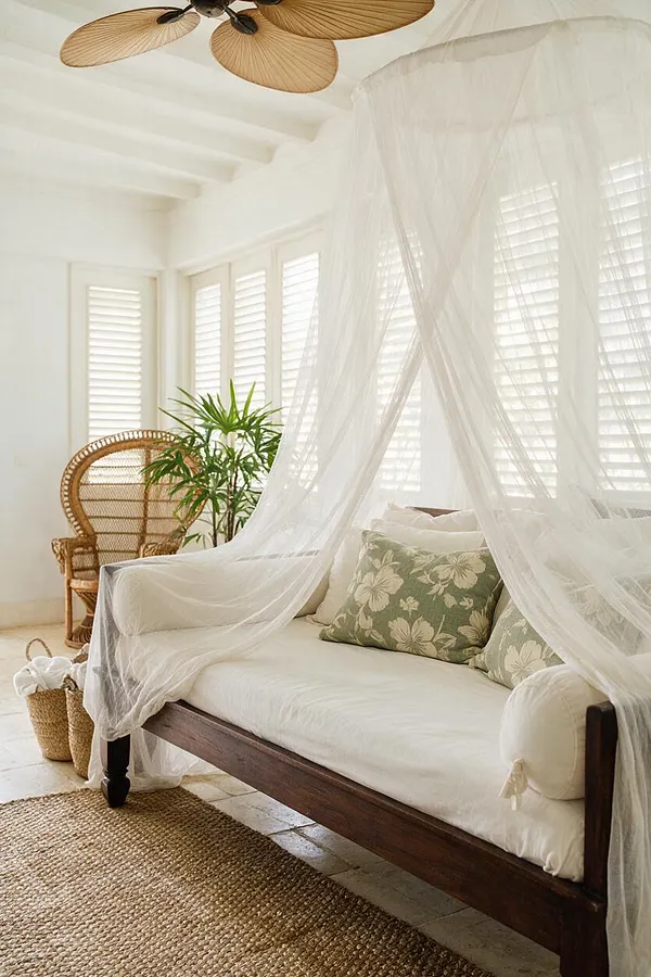 A bright sunroom styled in a tropical aesthetic, featuring a dark wood daybed or chaise with white cushions and sheer mosquito net draped overhead. The room includes white plantation shutters, a woven rattan chair, a jute rug, a potted palm, and a ceiling fan with palm leaf blades in warm natural tones.