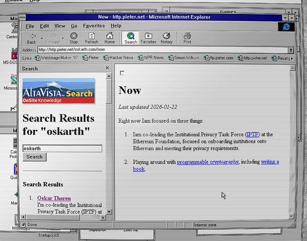 Screenshot of Microsoft Internet Explorer 4 search interface from 1997 showing a search bar and results window.