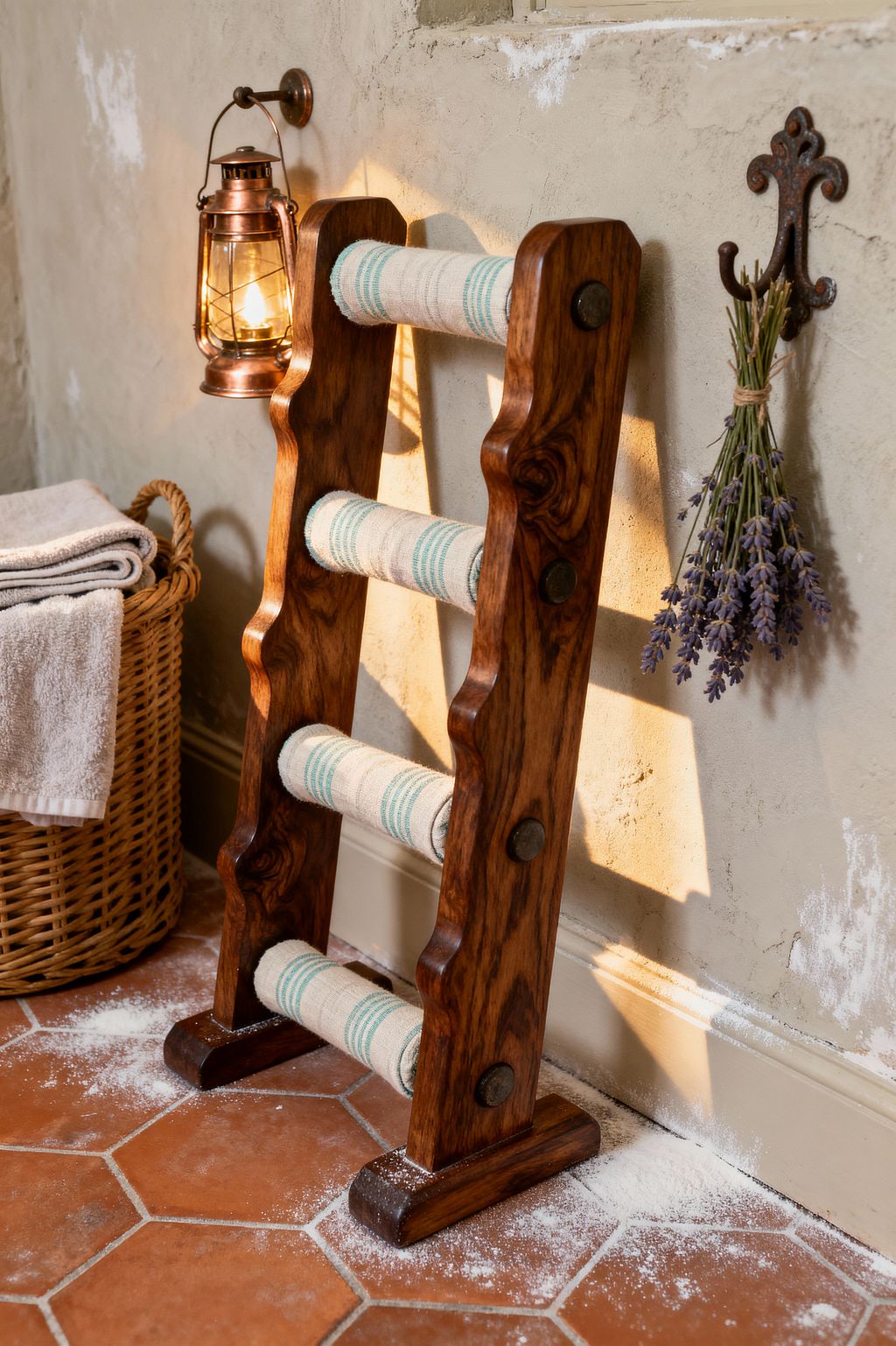 A small home gym corner in French Country style shows a compact wooden ladder-style workout tool with padded rungs wrapped in linen ticking stripes against a distressed plaster wall. A copper lantern sconce glows beside a wrought-iron hook holding dried lavender, and a woven basket of towels sits on terracotta hex tiles lightly dusted with chalk, creating a rustic yet refined atmosphere.
