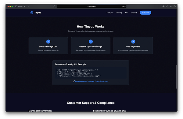 The image displays a webpage for the Tinyup app, detailing its functionality and API integration process.