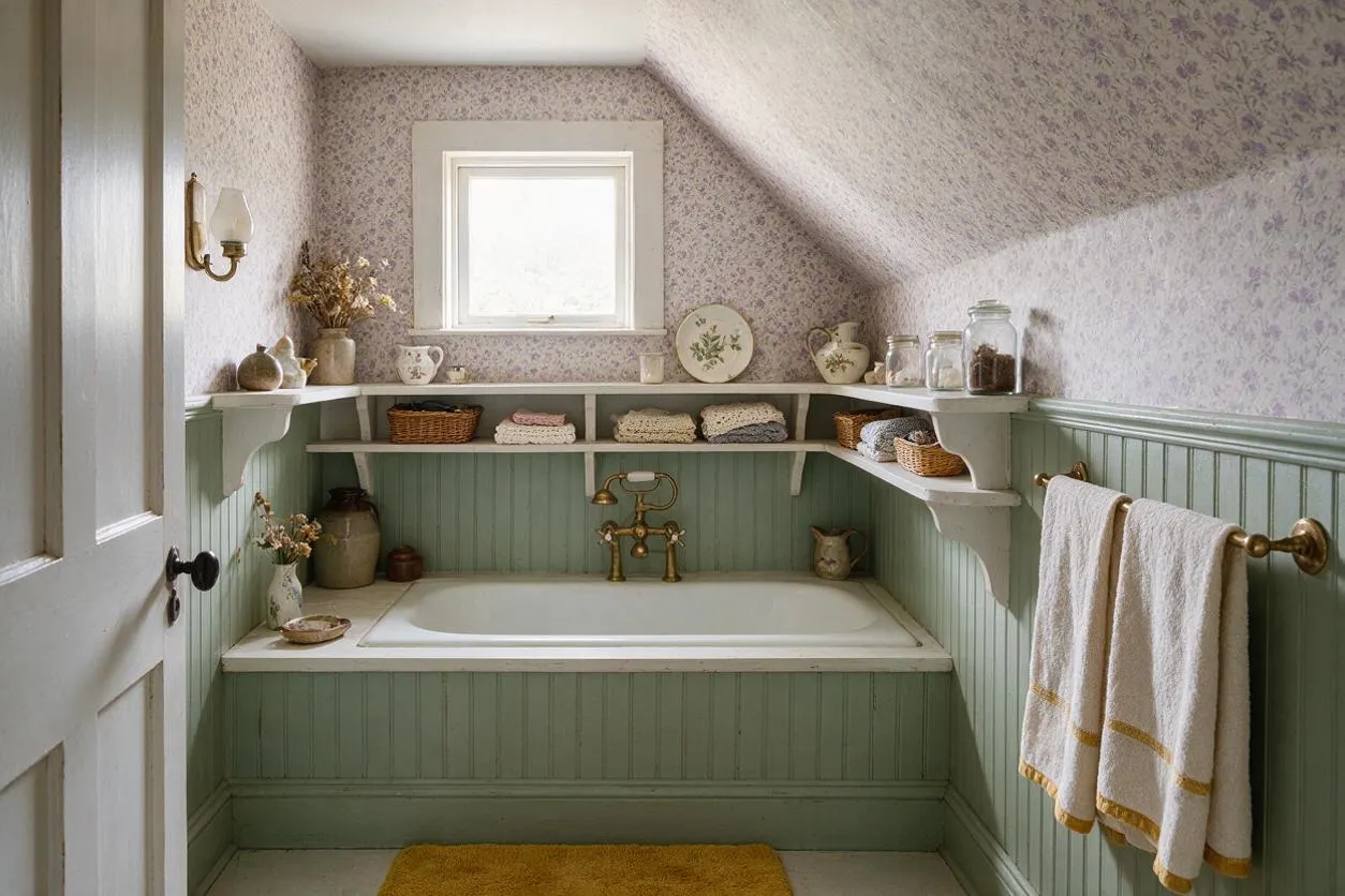 A cozy cottagecore bathroom with a built-in bathtub framed by sage green beadboard paneling and open shelves. The space has floral wallpaper, a small centered window, brass fixtures, wicker baskets, glass jars, folded towels, and ceramic accents for a warm vintage feel.