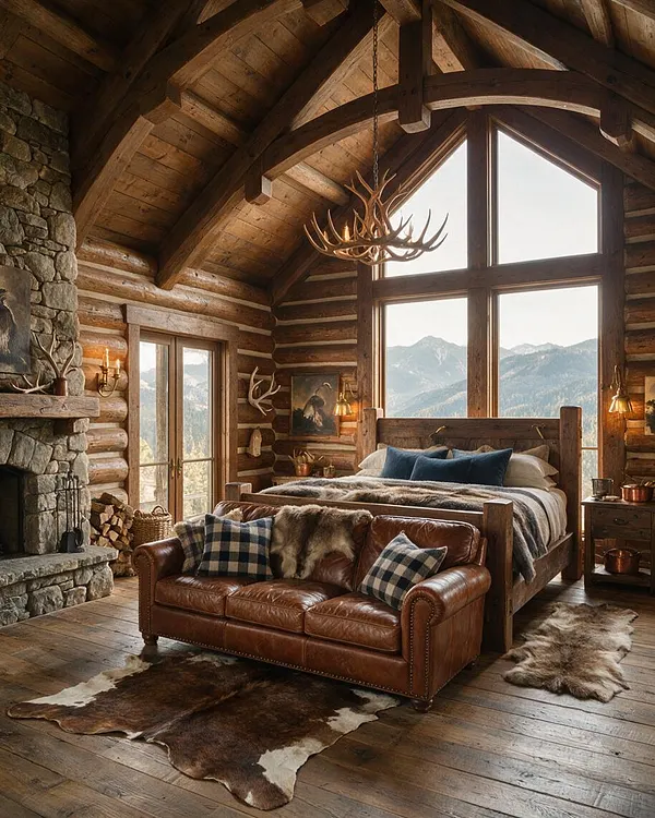 A rustic master bedroom in a log cabin featuring exposed timber beams, a tall gabled window with mountain views, a stone fireplace, and a wooden bed dressed in neutral layers. A brown leather sofa with plaid pillows and a cowhide rug adds warmth and rugged texture.