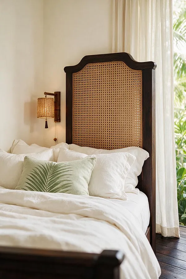 A serene bedroom features a tall dark wood bed with a woven cane headboard, layered white bedding, and a pale green palm-print accent pillow. Sheer cream curtains filter daylight beside a window with tropical foliage visible outside, while a woven wall sconce adds warm texture.