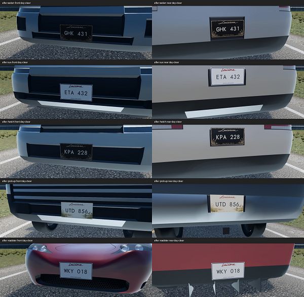 Close-up views of various car models showing their front and rear license plates with detailed designs and text.