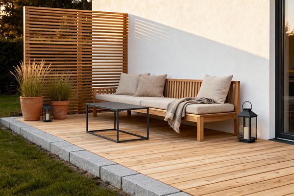 A Scandinavian-style patio shows a light timber deck edged with gray stone pavers and a white stucco wall, furnished with a long slatted wood bench topped with beige cushions and a gray fringed throw beside a slim black metal coffee table. A black lantern with a candle sits near the sliding door, while two terracotta pots with ornamental grasses and another lantern cluster by a horizontal slatted privacy screen, all lit by late-afternoon sun that casts clear linear shadows.