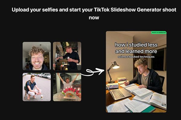 The image features a collage of selfies and a generated photo showcasing study techniques.