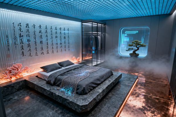 A futuristic bedroom features a low gray stone platform bed with charcoal bedding and a fiber‑optic mesh throw. A fluted glass wall with illuminated calligraphy and coral decor glows warm orange, while a gridded ceiling and a window-like niche cast neon cyan light around a bonsai. A glass wardrobe with black metal framing stands near the bed. A reflective copper floor with inset LEDs and light fog completes the cyberpunk atmosphere.