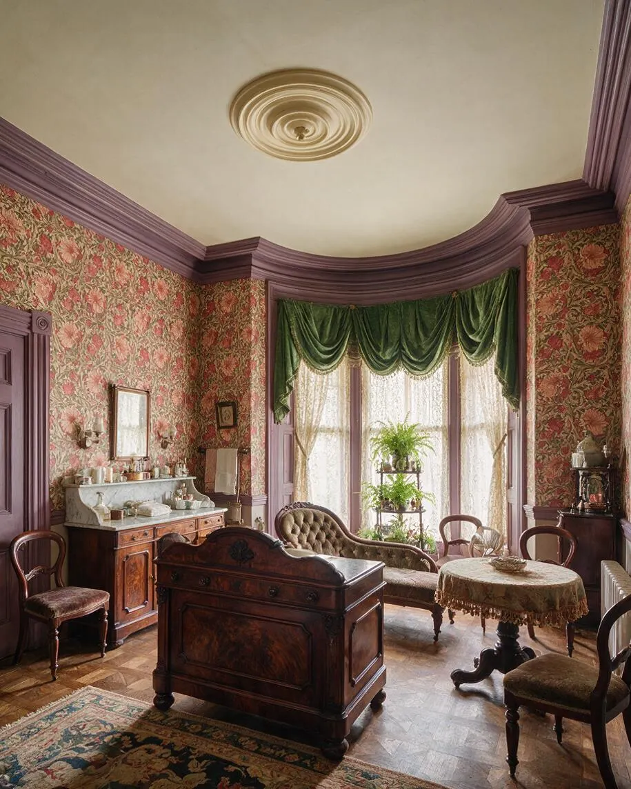A richly decorated Victorian-style powder room with floral wallpaper, plum painted trim, and a curved bay window dressed in green velvet drapery. The room includes antique wood furniture, a marble-topped vanity, upholstered seating, lace curtains, and a patterned rug on a parquet floor.
