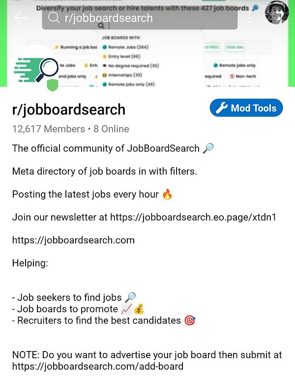 The image displays the subreddit r/jobboardsearch, highlighting its purpose and features.