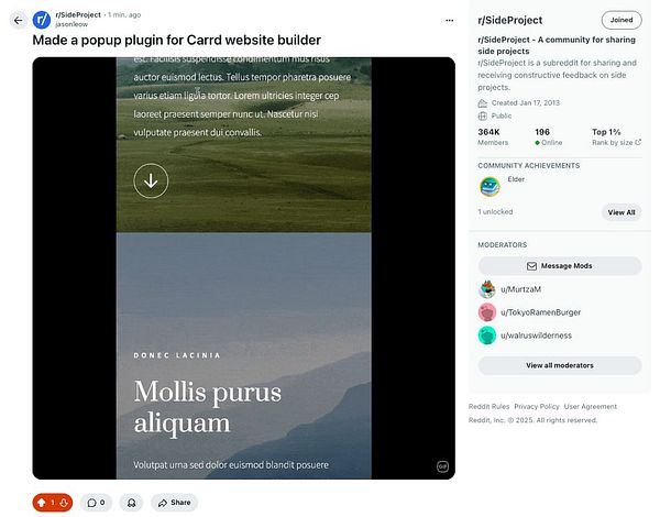 A Reddit post showcasing a popup plugin for the Carrd website builder.