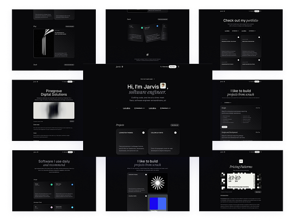 The image displays a collage of web pages showcasing a portfolio for a software engineer named Jarvis.