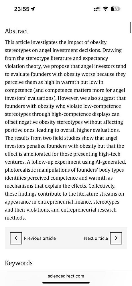 The image displays an abstract from an academic research paper discussing the impact of obesity stereotypes on angel investment decisions.