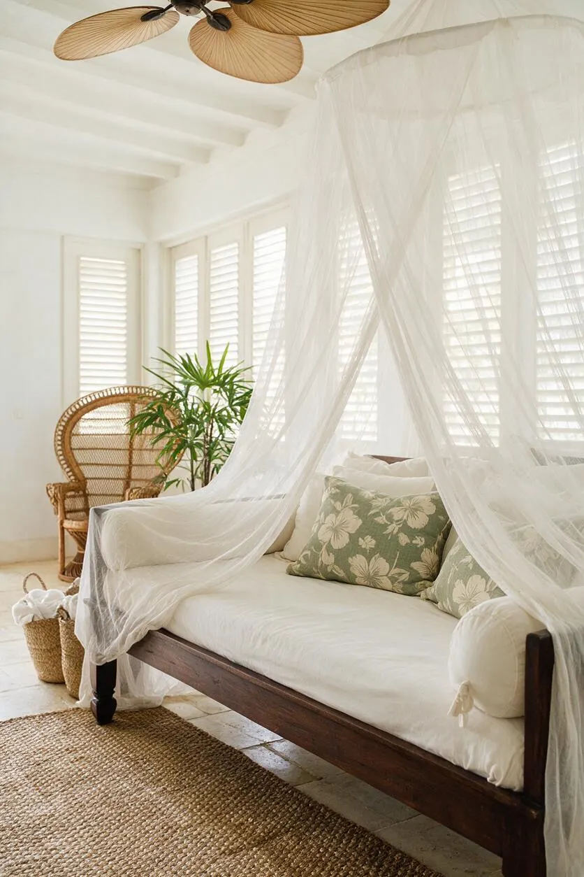 A bright sunroom styled in a tropical aesthetic, featuring a dark wood daybed or chaise with white cushions and sheer mosquito net draped overhead. The room includes white plantation shutters, a woven rattan chair, a jute rug, a potted palm, and a ceiling fan with palm leaf blades in warm natural tones.