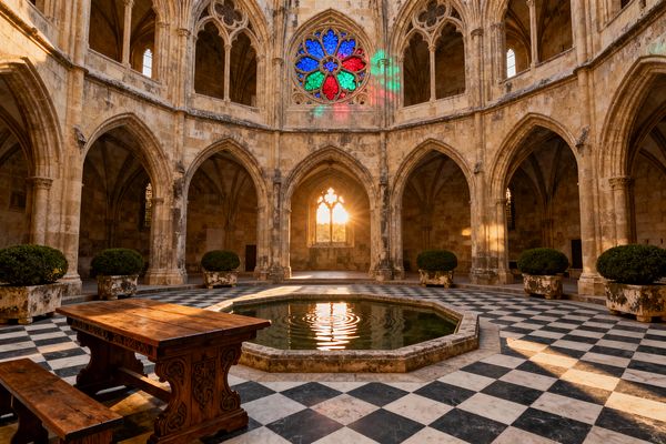 A Gothic cloister patio framed by pointed stone arches and ribbed vaults surrounds an octagonal stone fountain, its water rippling on a black-and-white checkerboard marble floor. Warm sunset light streams through a tracery window and a vivid stained-glass rose window, casting red, green, and blue reflections on the aged stone. A carved wooden trestle table and bench sit nearby, with rounded shrubs in weathered stone planters along the arcade.
