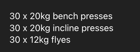 A workout plan for a home gym session featuring various exercises and weights.