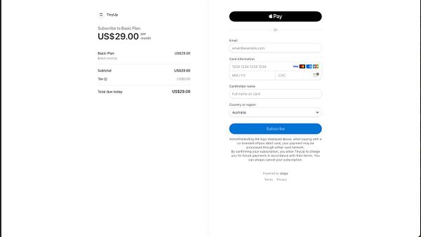 The image displays a subscription payment interface for a service called TinyUp.