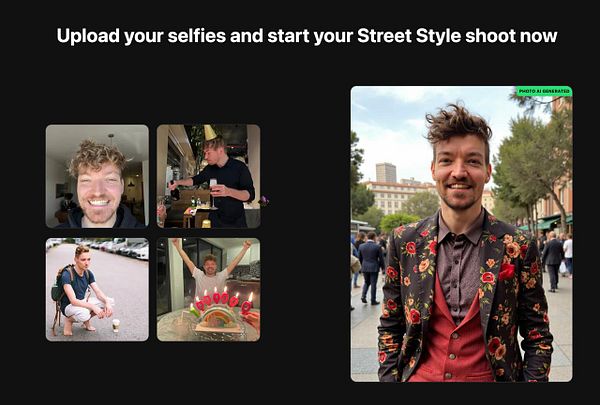 The image features a collage of selfies and a stylish street style photo of a man.