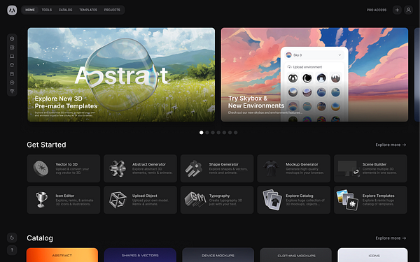 The image displays a user interface for a design tool featuring various sections for 3D templates and design resources.