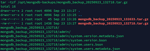 The image displays a terminal output showing the contents of a MongoDB backup archive.