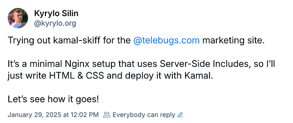 A tweet discussing the use of kamal-skiff for the telebugs marketing site.