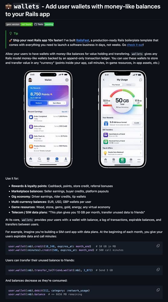 A screenshot of the GitHub repository 'gem_wallets' for a new version release showing the project structure and recent commits.