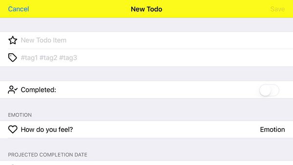 The image shows a 'New Todo' task creation screen with options and icons.