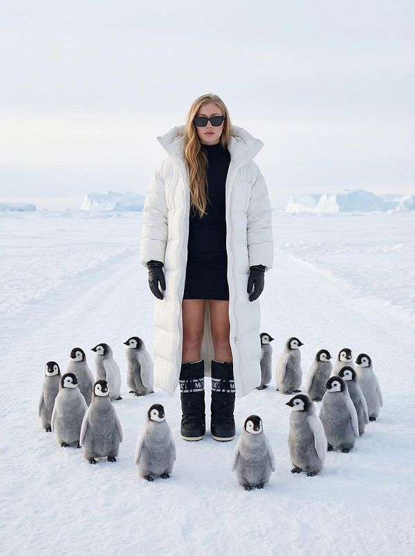 A model in high fashion attire stands among a group of penguins in a snowy landscape.