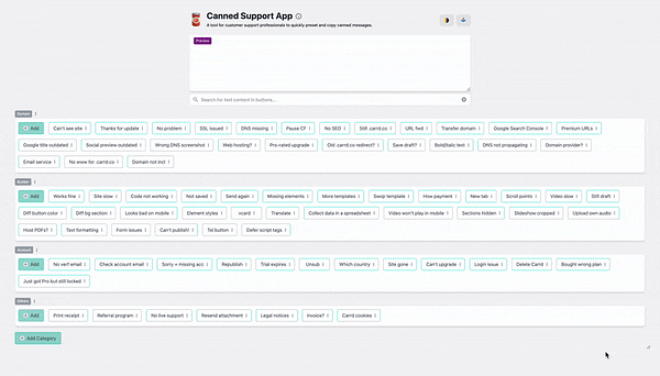 The image displays a user interface for a Canned Support App designed for customer support professionals.