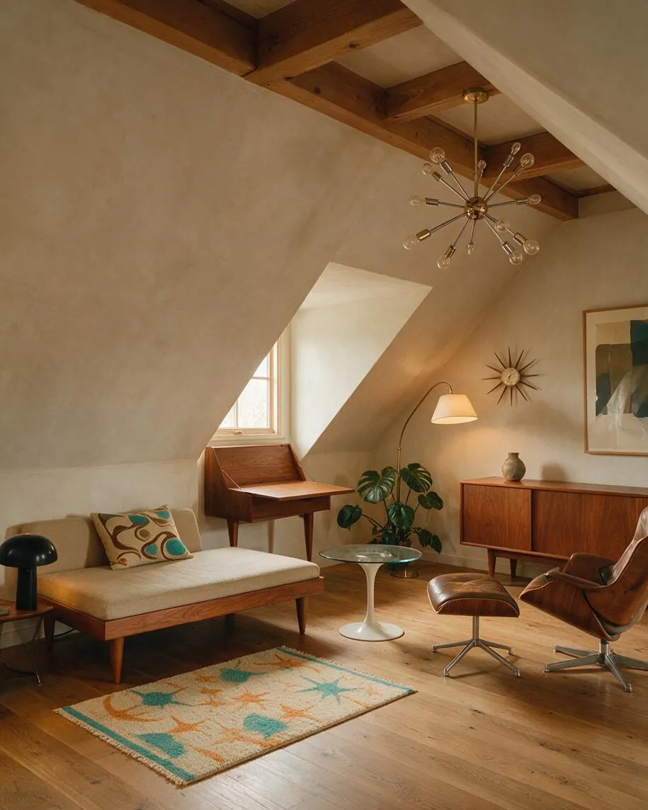 A cozy studio apartment with sloped ceilings, exposed wood beams, and warm plaster walls. The room includes a low walnut sofa, a curved floor lamp, a starburst wall clock, a glass-topped pedestal table, a patterned rug, and a matching walnut sideboard and lounge chair.