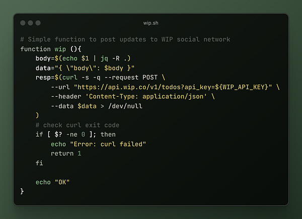 A bash script function designed to post updates to a WIP social network.