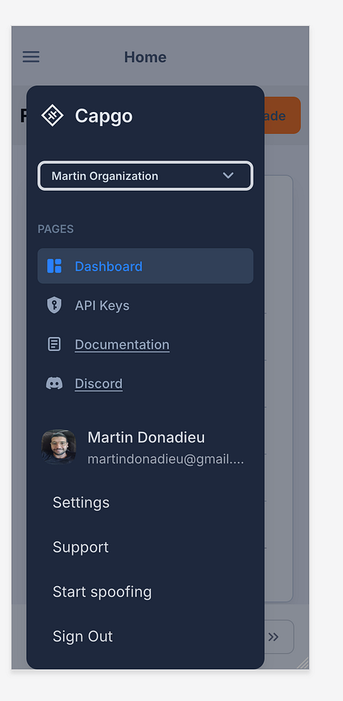 The image displays a mobile application interface for Capgo with a sidebar menu.