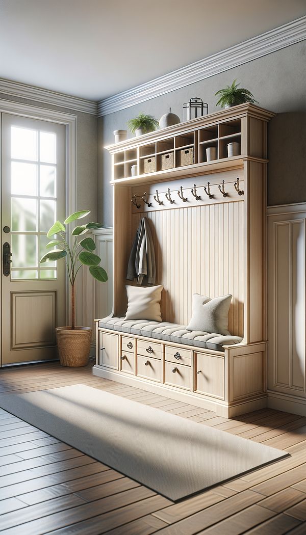 a hall tree placed in a well-lit entryway, showcasing its combination of coat hooks, a bench, and storage features like drawers or cubbies.