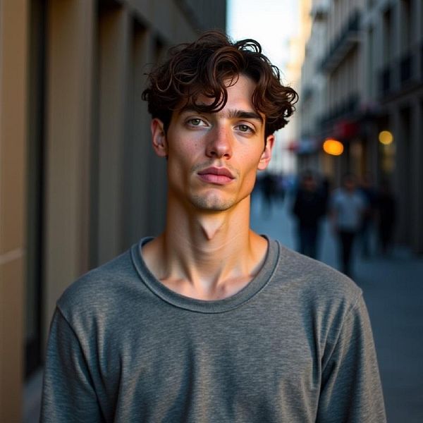 A young man with curly hair stands confidently in an urban setting.