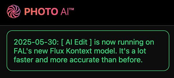 The image displays an interface announcement for the Flux Kontext AI edits in the Photo AI application.