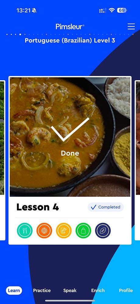 The image displays a completed lesson from the Pimsleur Portuguese language learning app, featuring a vibrant dish.
