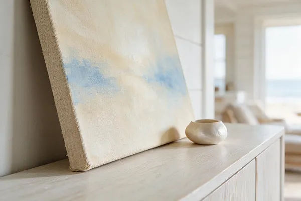 A close-up of a coastal-inspired interior detail with a linen-textured abstract painting leaning against a light wood console. A small cream ceramic vessel sits beside it, while a bright room with airy furnishings and a glimpse of ocean light appears softly blurred in the background.