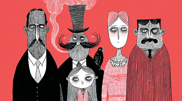 A group of five stylized characters stands against a bright red background.