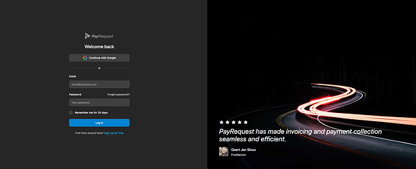The image features a new login page for PayRequest alongside a testimonial.
