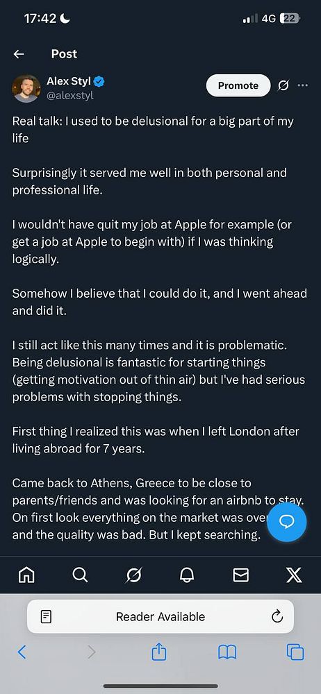 A Twitter post by Alex Styl discussing the concept of being delusional in life and its implications.