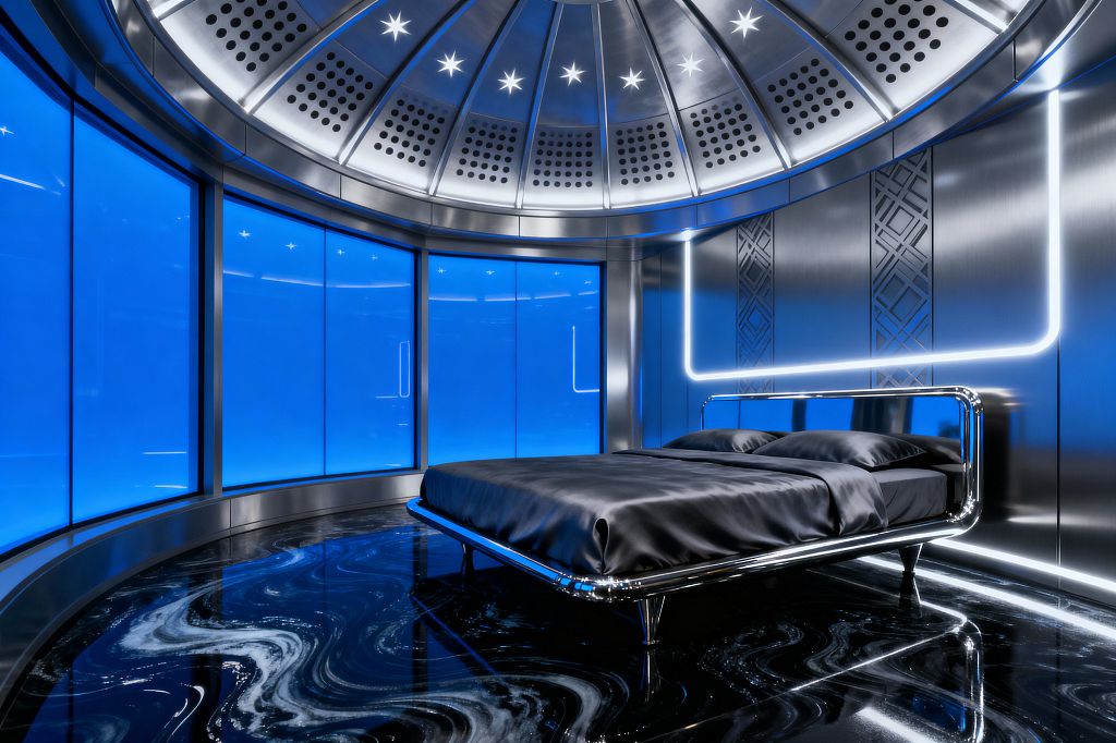 A futuristic bedroom features curved electric-blue backlit glass walls and a metallic dome ceiling punctuated with star-shaped lights. A chrome tubular platform bed with charcoal satin bedding sits on a glossy black resin floor with white, galaxy-like swirls; brushed stainless steel wall panels include geometric insets and integrated cool-white LED strips that outline the wall, creating a sleek, spacecraft ambiance with strong reflections and minimal furnishings.