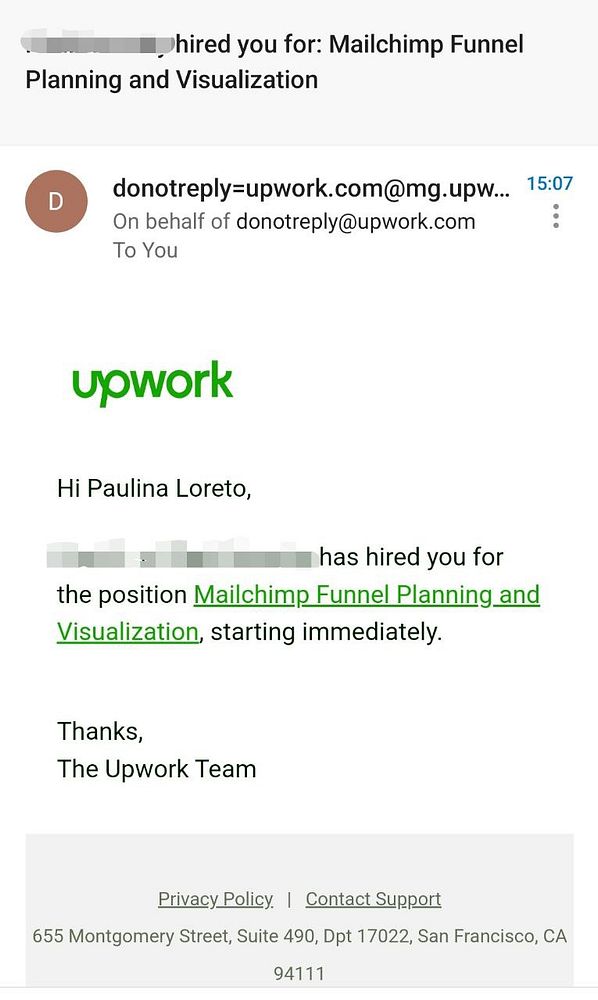 An email notification confirming a job hire for Mailchimp Funnel Planning and Visualization on Upwork.