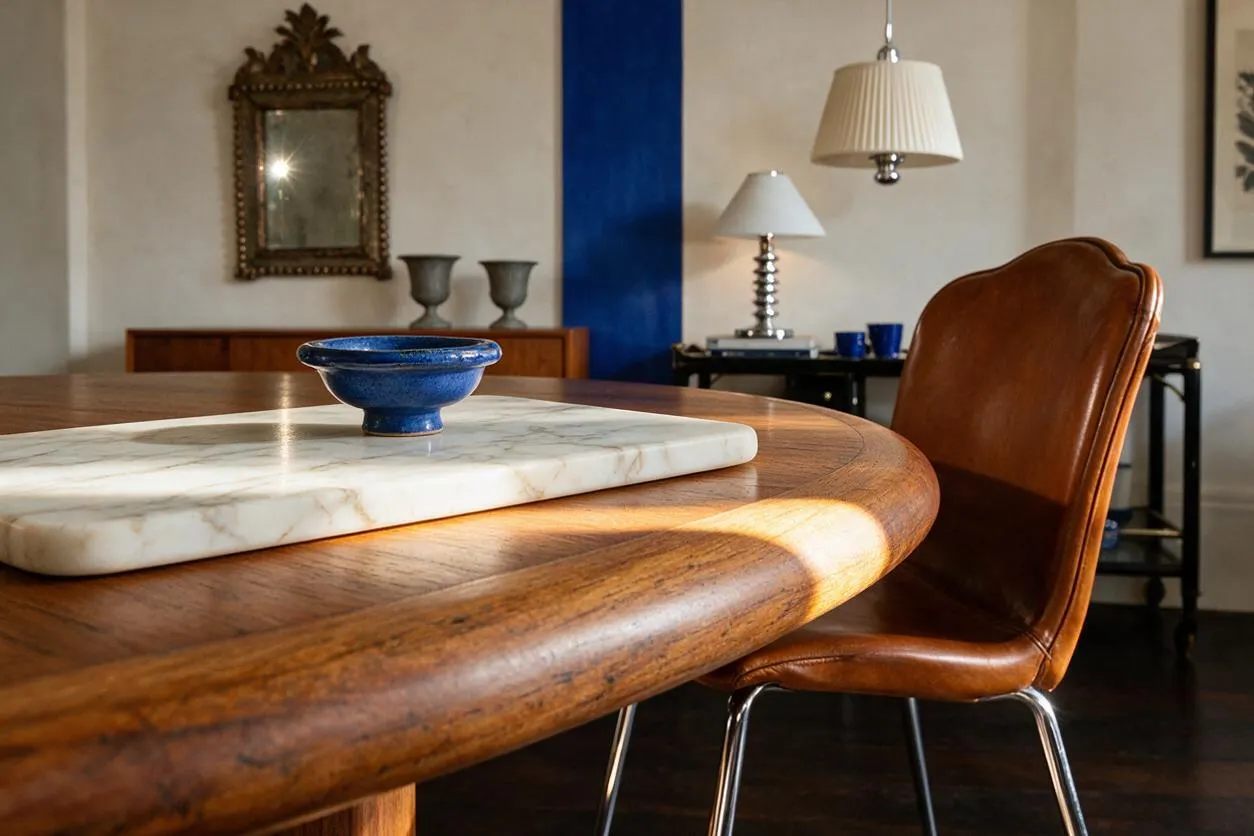 A warm eclectic dining room features a rounded walnut table with a white marble tray and a small cobalt-blue bowl on top. A tan leather chair sits beside the table, while a blue accent panel, vintage mirror, metallic lamps, and dark sideboard add layered contrast in the background.