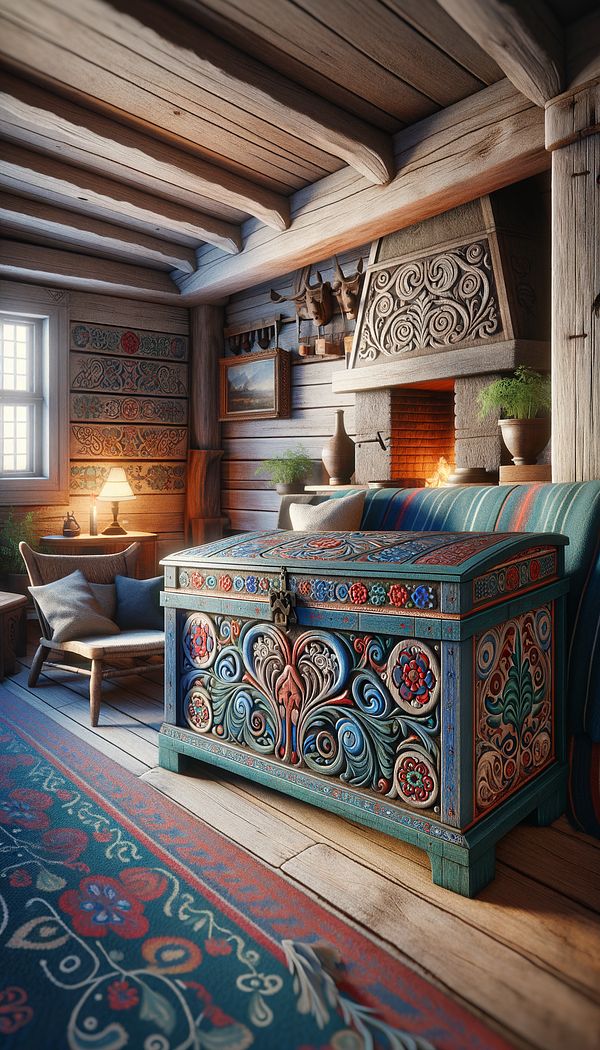 A rustic wooden chest adorned with intricate Rosemaling patterns in vibrant blues, reds, and greens, placed in a cozy corner of a traditional Norwegian cottage.