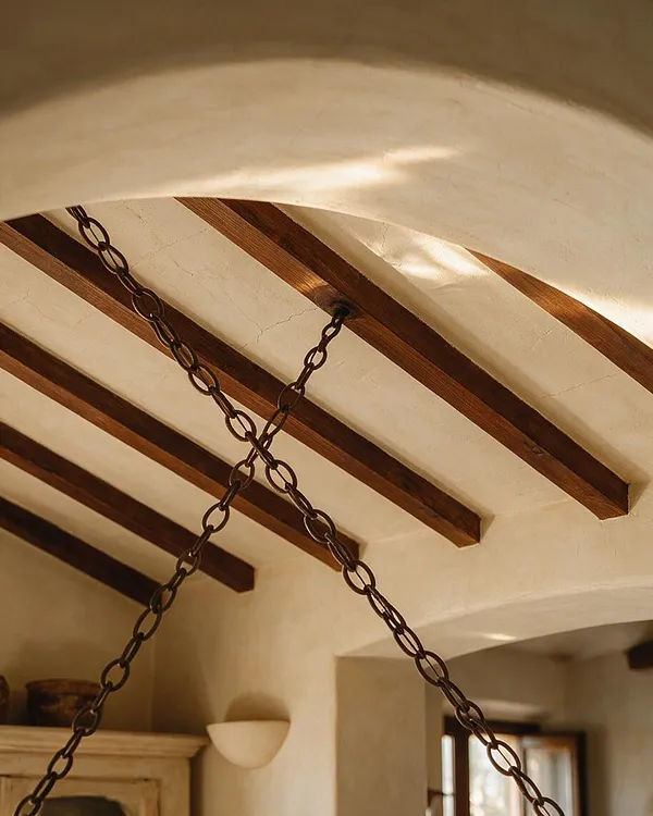 A Mediterranean-style interior detail showing a curved plaster ceiling with exposed dark wood beams running diagonally overhead. Two iron chains cross beneath the beams, and soft sunlight highlights the warm cream and terracotta tones of the space.