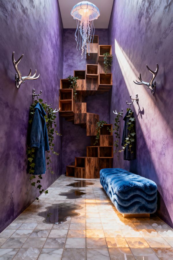 A tall, narrow mudroom with mottled purple plaster walls features chrome antler hooks holding coats and trailing ivy. At the end, a staircase of stacked wooden cubes twists upward like sculpture, while a plush, wavy cobalt bench sits opposite. Translucent stone tiles underlit with warm light show irregular puddles reflecting the ceiling. Above, daylight from a skylight mixes with a glowing jellyfish-like pendant, casting soft, aquatic shadows.
