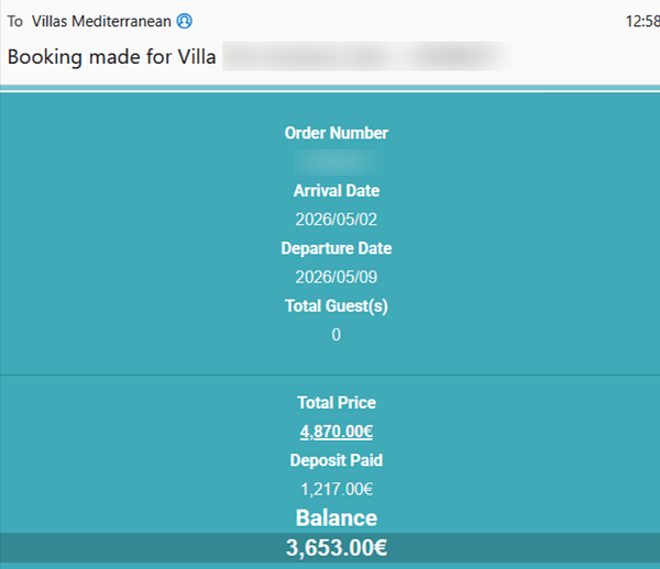 The image displays a booking confirmation for a villa stay.